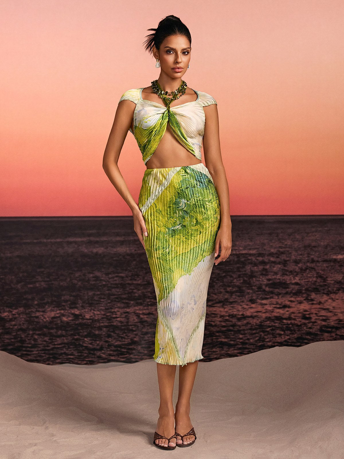Quiron Pleated Printed Skirt Set