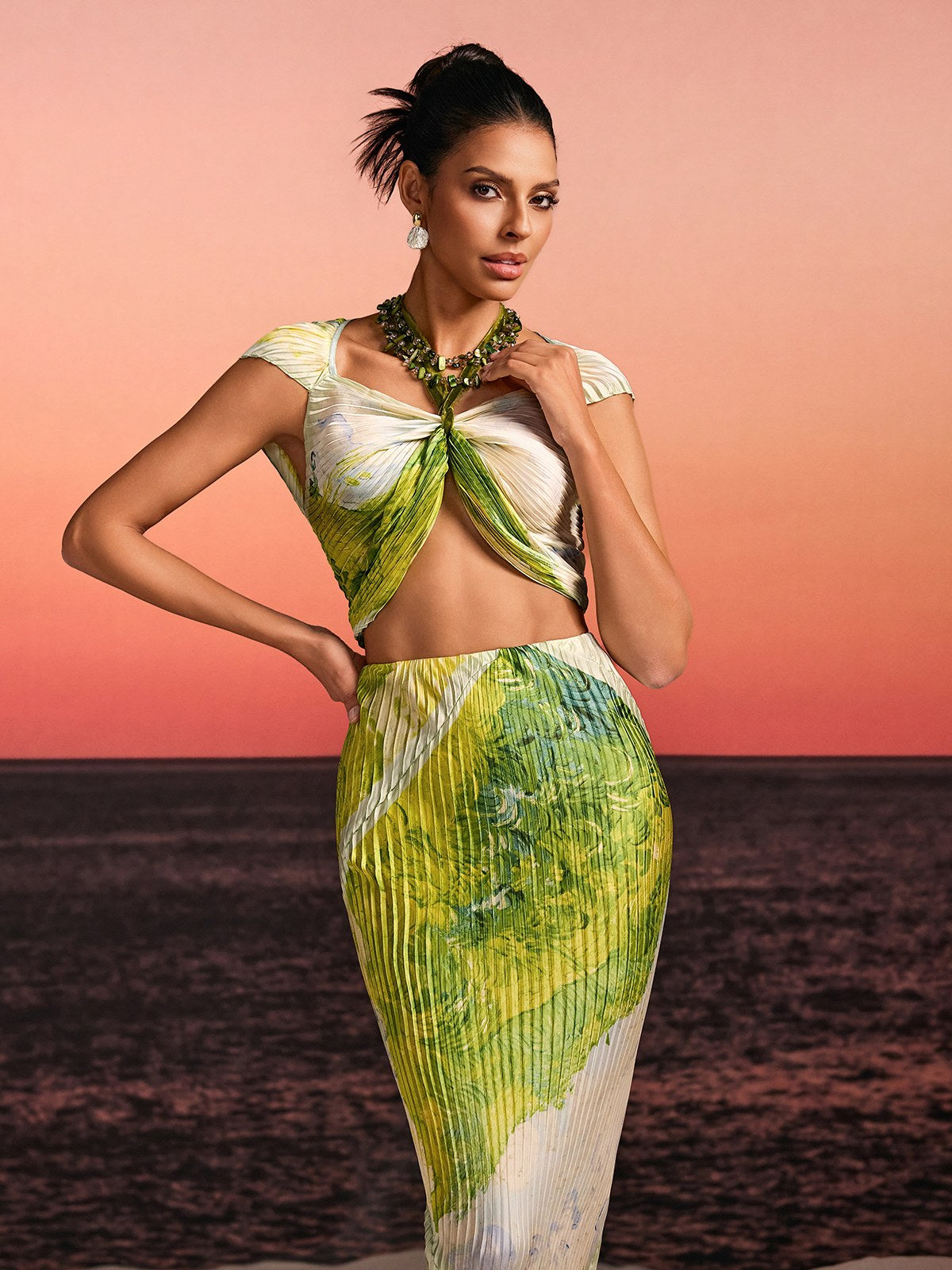 Quiron Pleated Printed Skirt Set