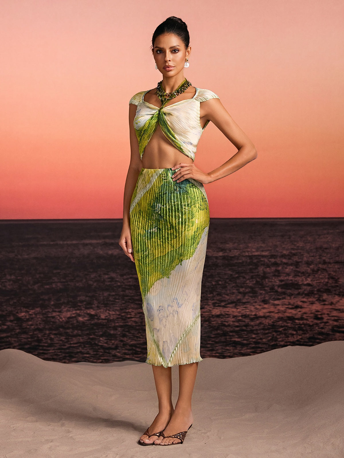 Quiron Pleated Printed Skirt Set