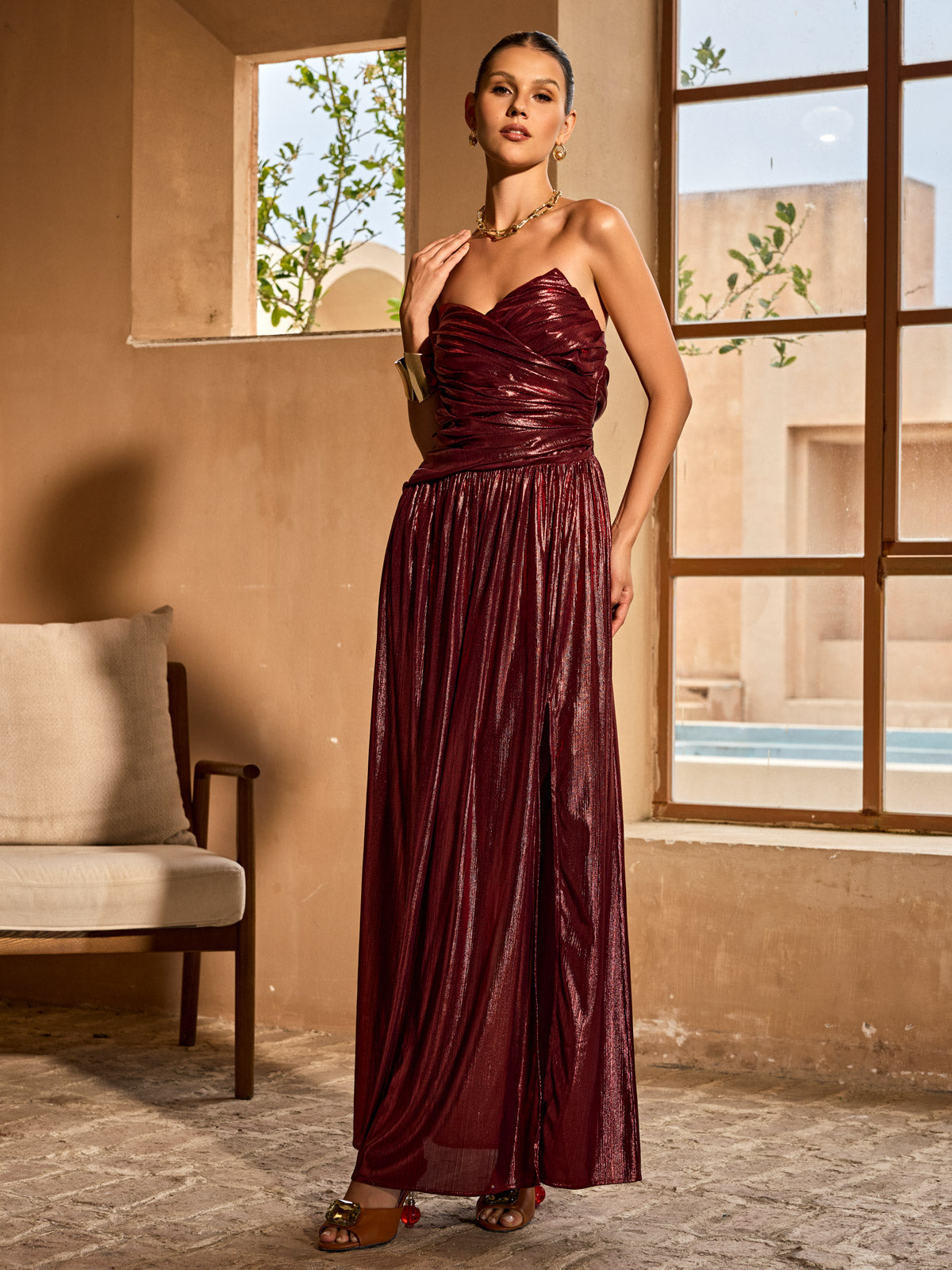 Quvory Strapless Split Metallic Maxi Dress In Wine