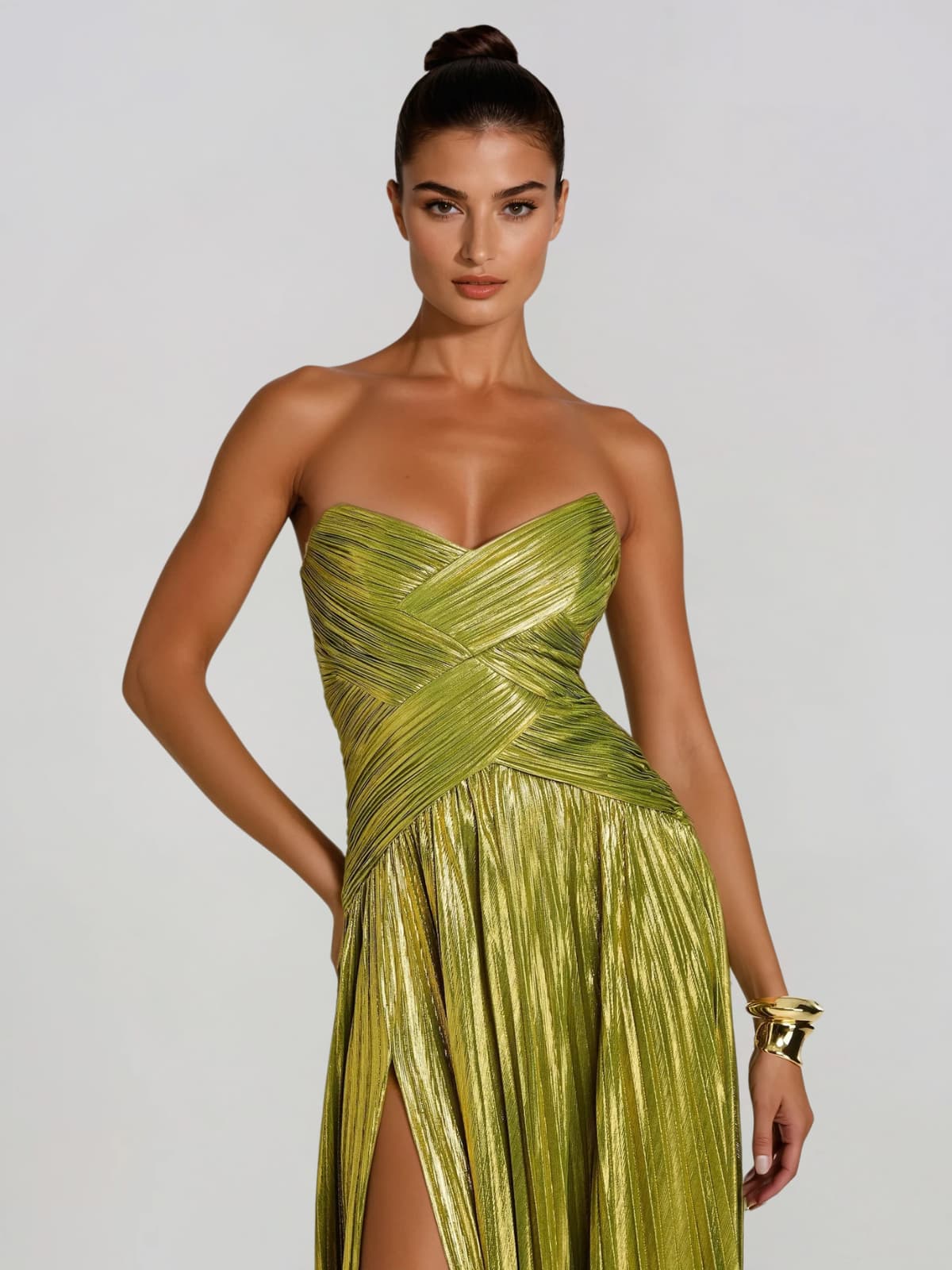 Quvory Strapless Split Pleated Maxi Dress