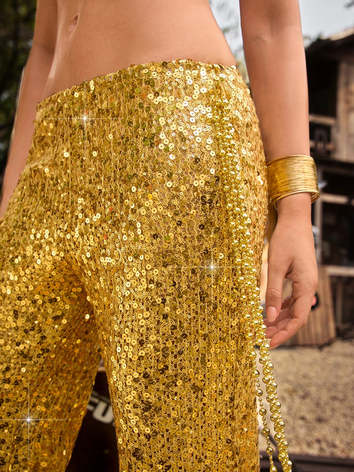 Quvoryn Crop Sequin Pearl Pants Set