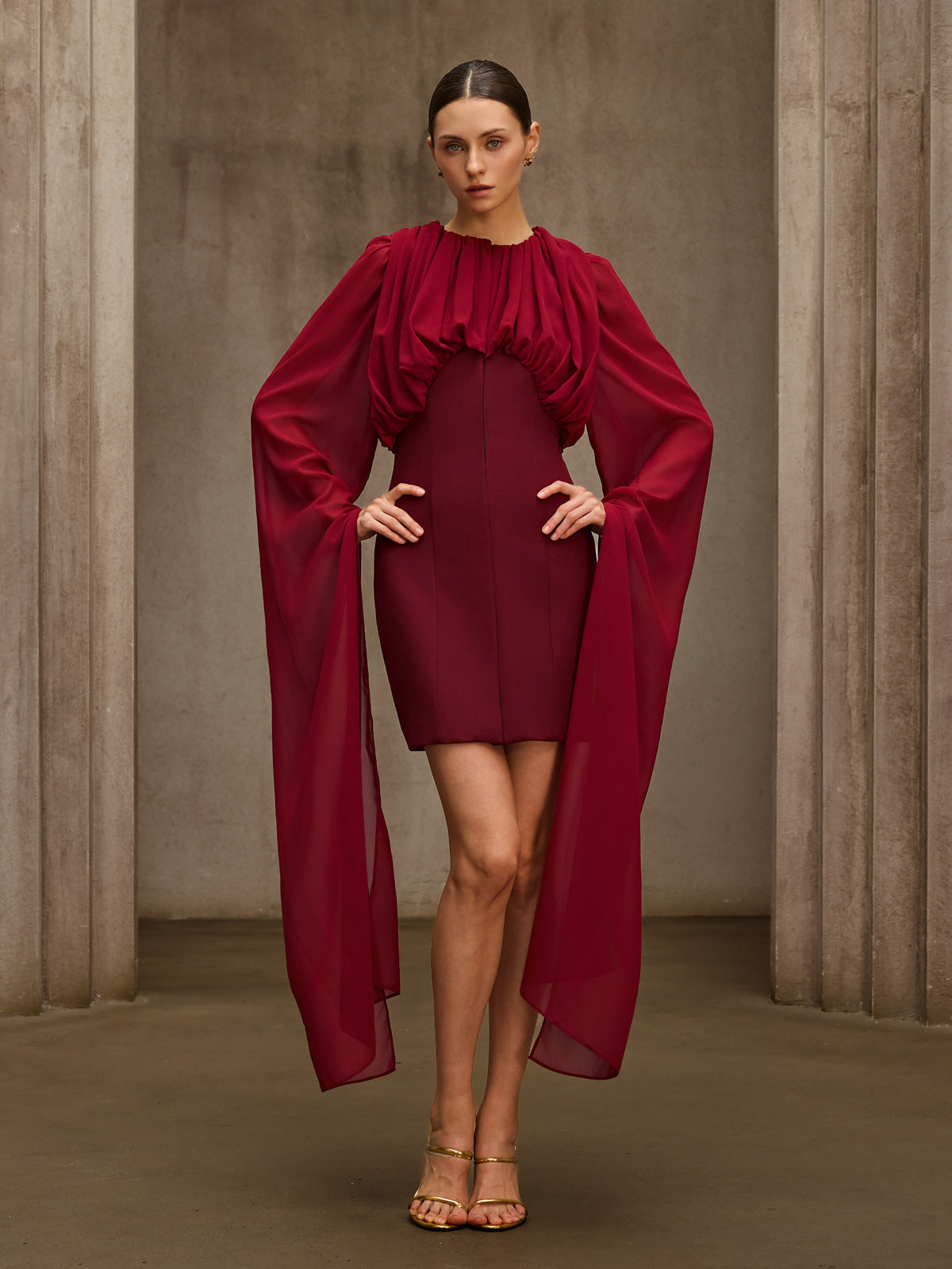 Qythera Cape Sleeve Ruched Mini Dress