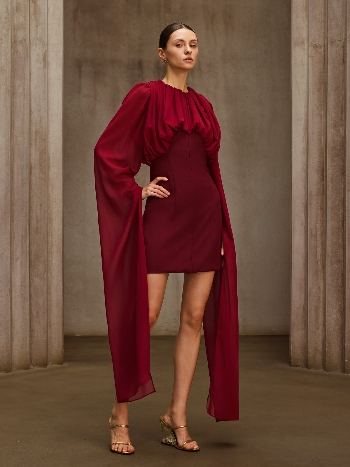 Qythera Cape Sleeve Ruched Mini Dress