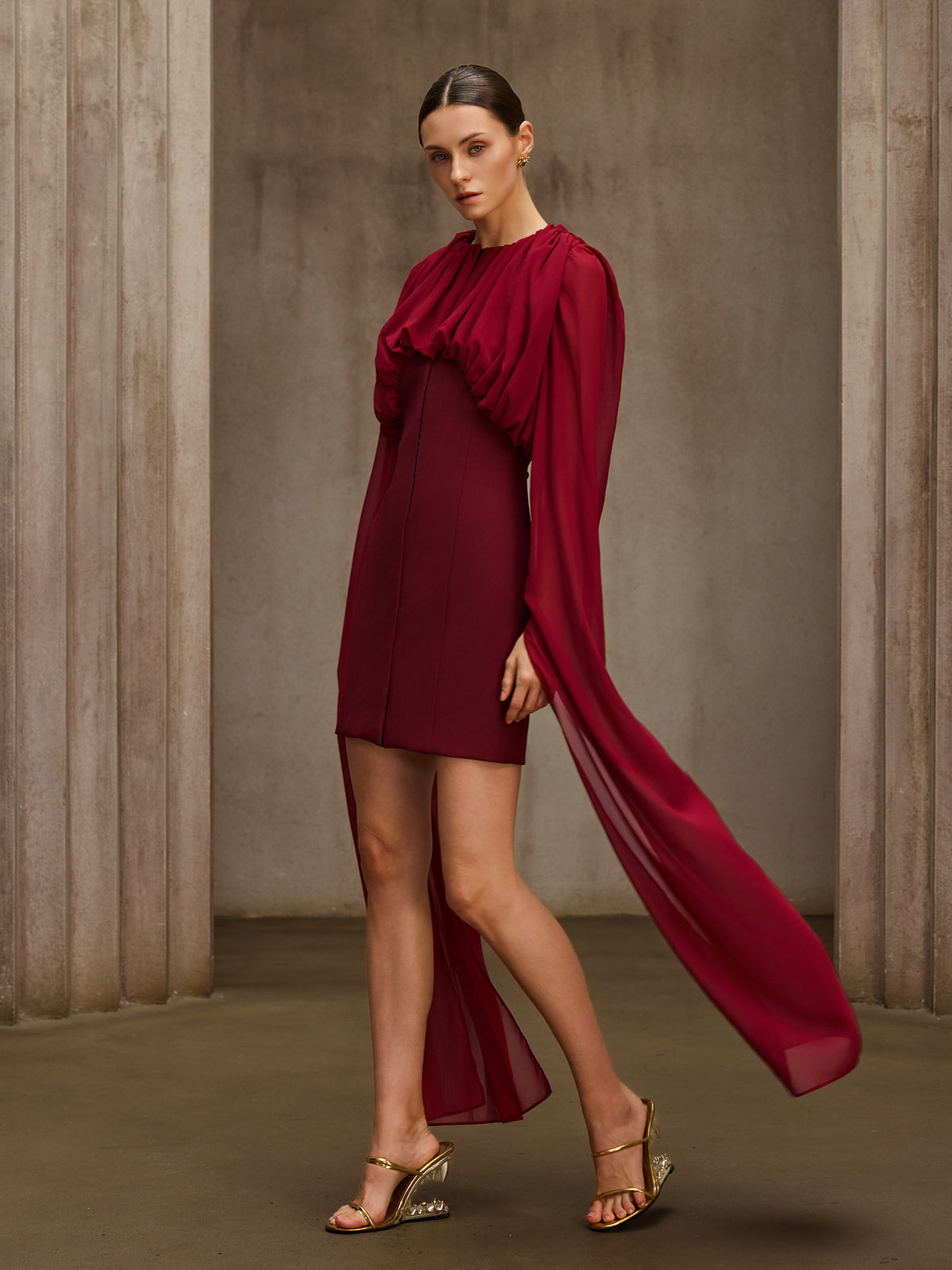 Qythera Cape Sleeve Ruched Mini Dress