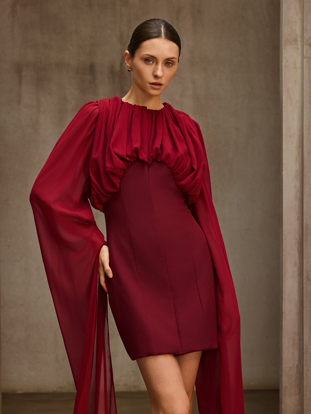 Qythera Cape Sleeve Ruched Mini Dress