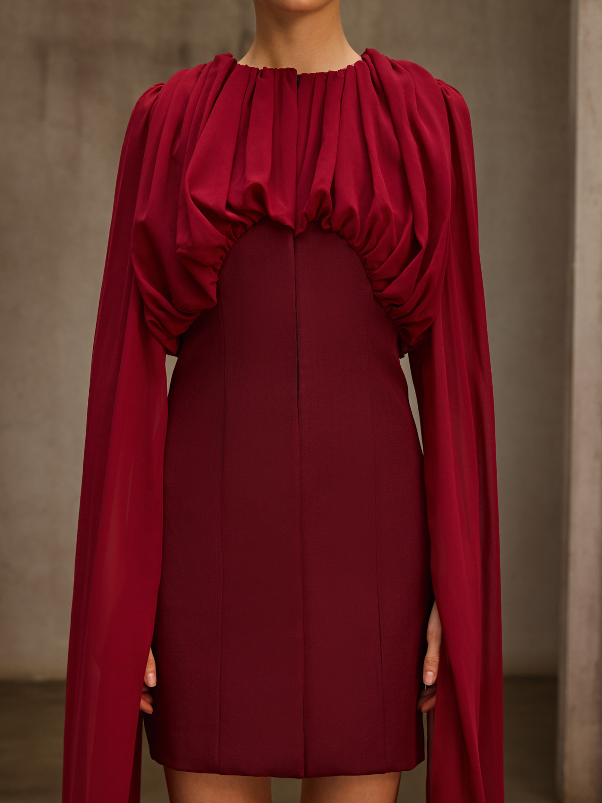 Qythera Cape Sleeve Ruched Mini Dress