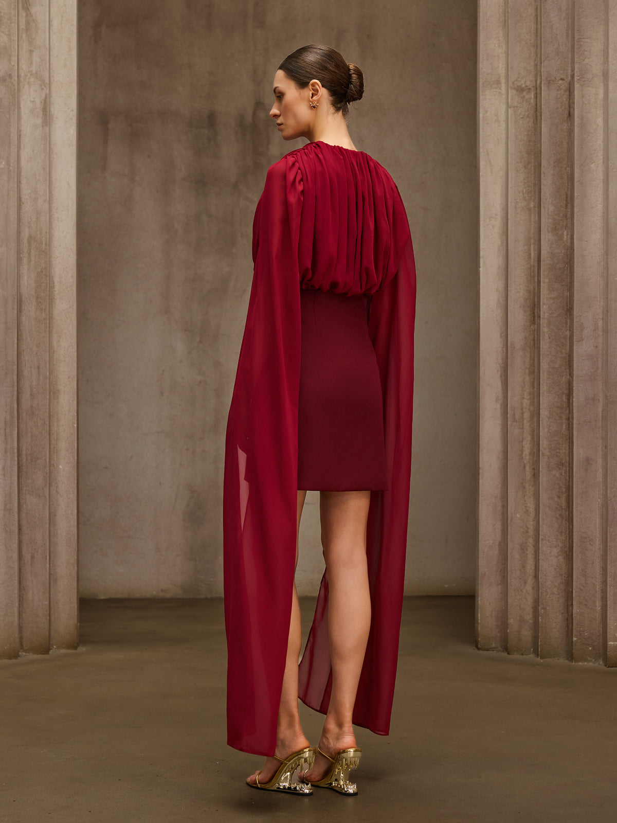 Qythera Cape Sleeve Ruched Mini Dress