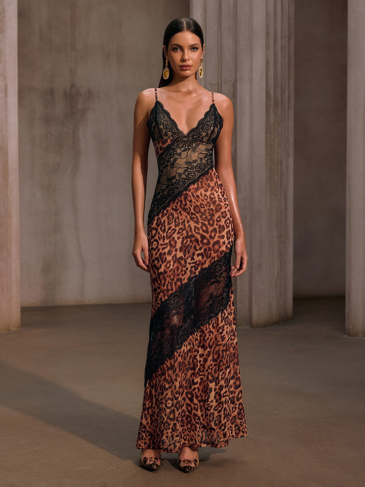 Raelira Spaghetti Lace Leopard Maxi Dress In Brown