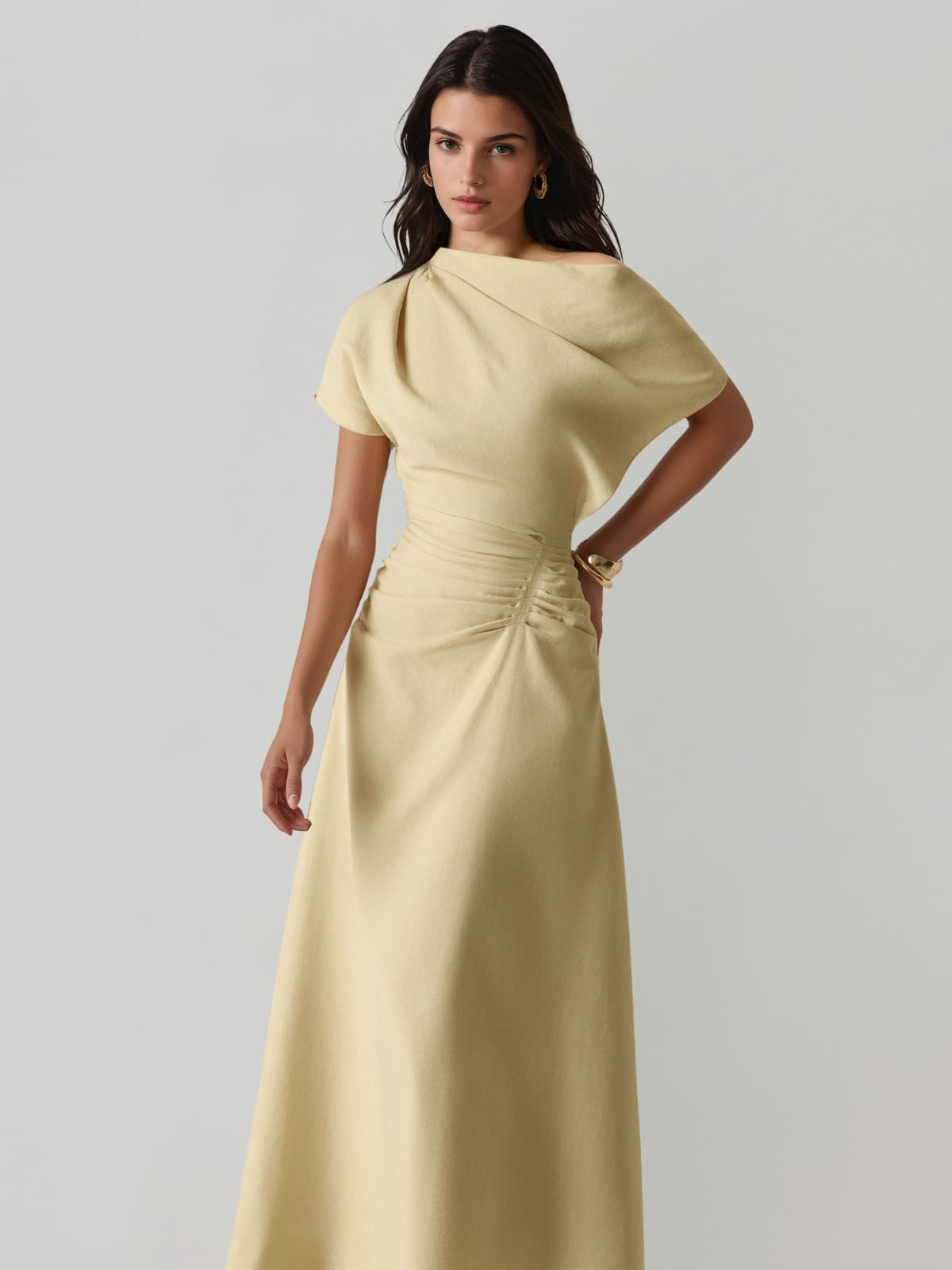 Ravelion Ruched Asymmetric Maxi Dress