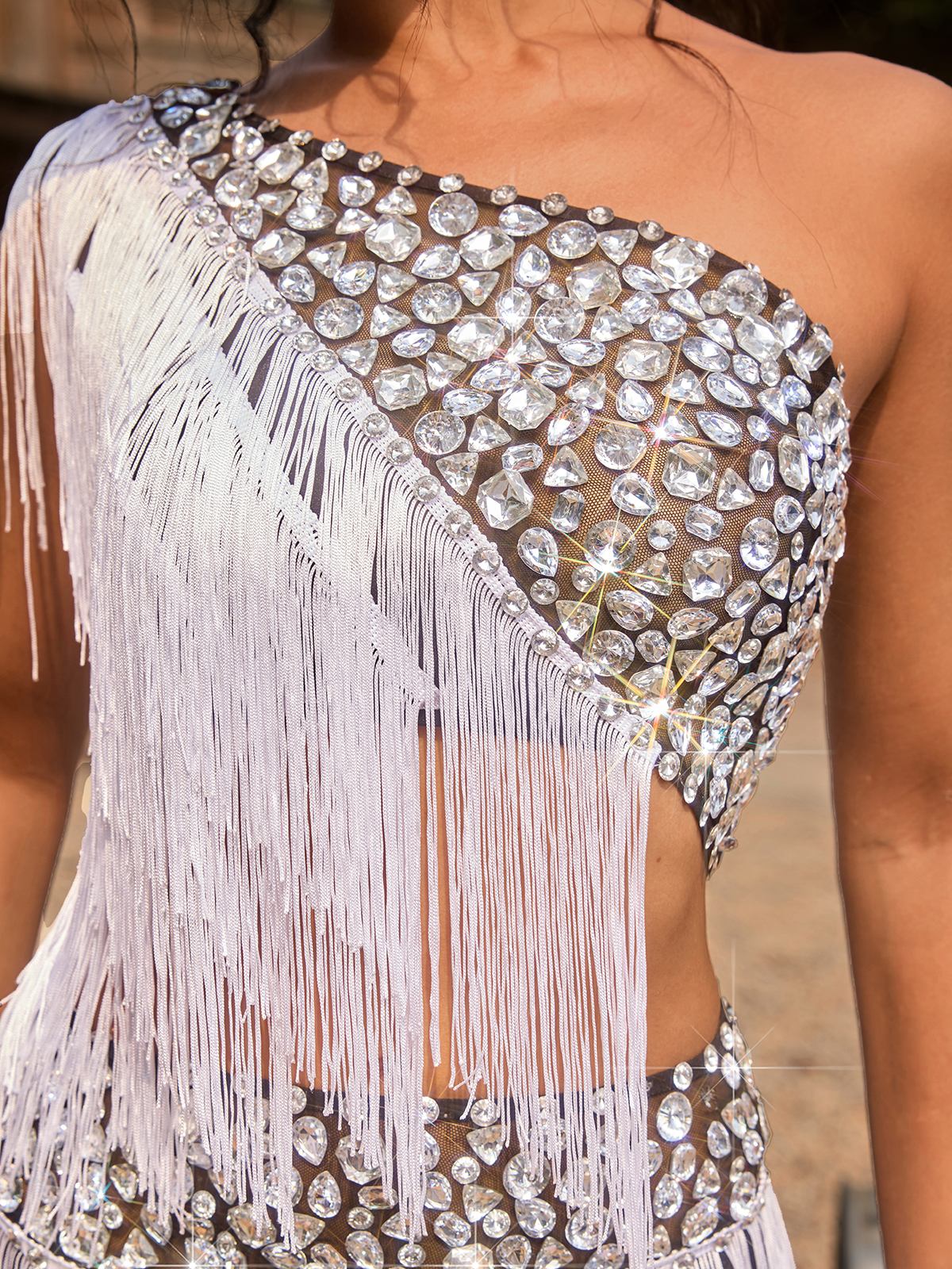 Raveth One Shoulder Diamond Fringe Bodysuit