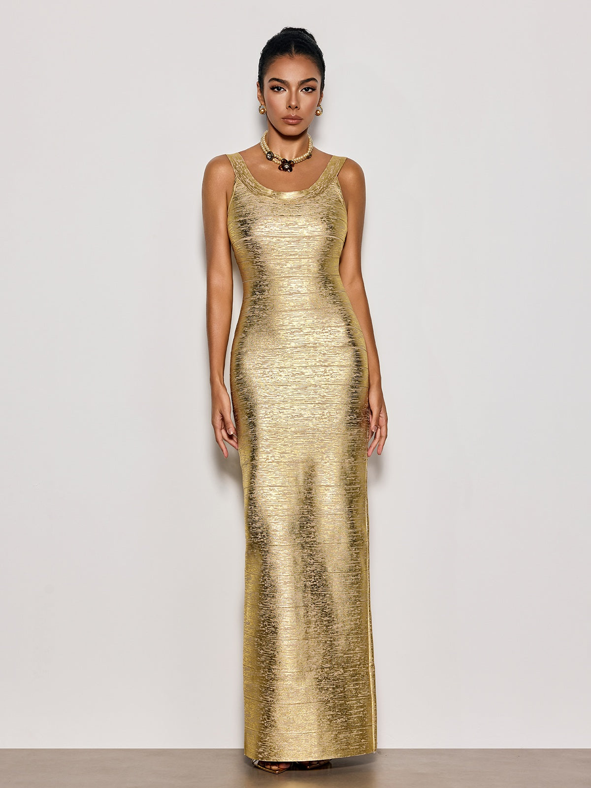 Ravixor U Neck Bandage Maxi Dress In Gold