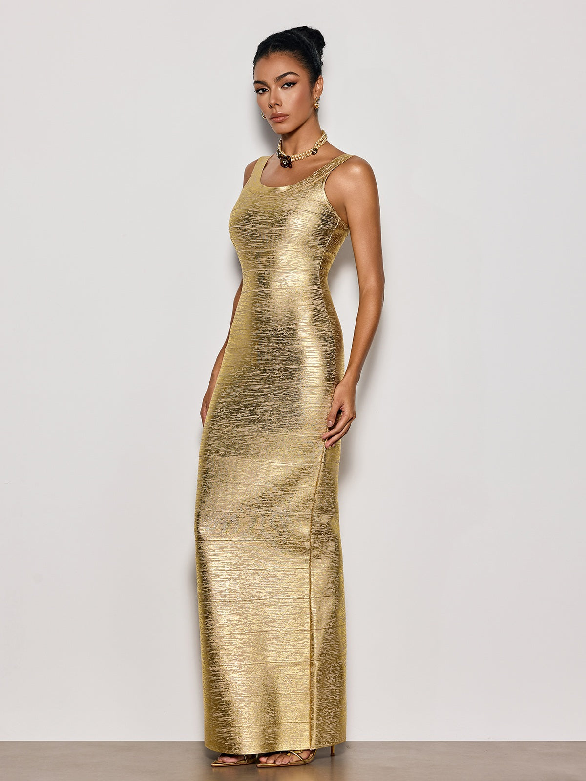 Ravixor U Neck Bandage Maxi Dress In Gold