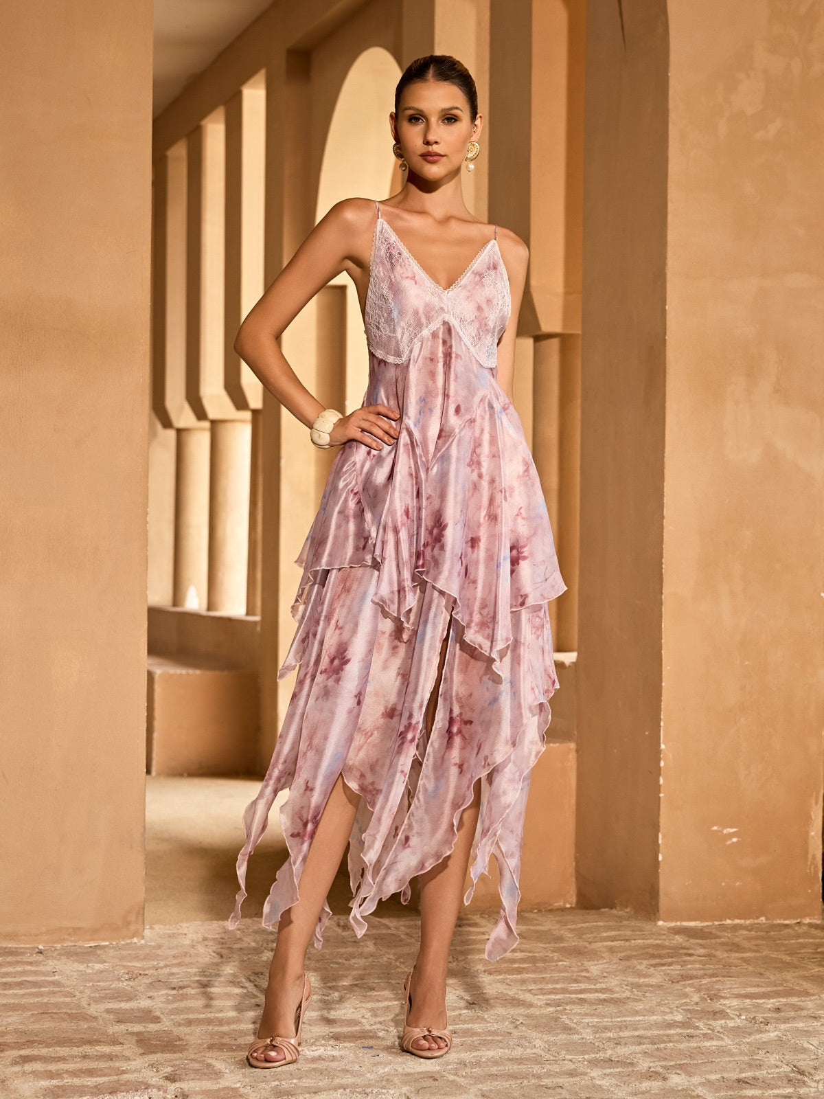 Raxon Open Back Floral Ruffle Midi Dress