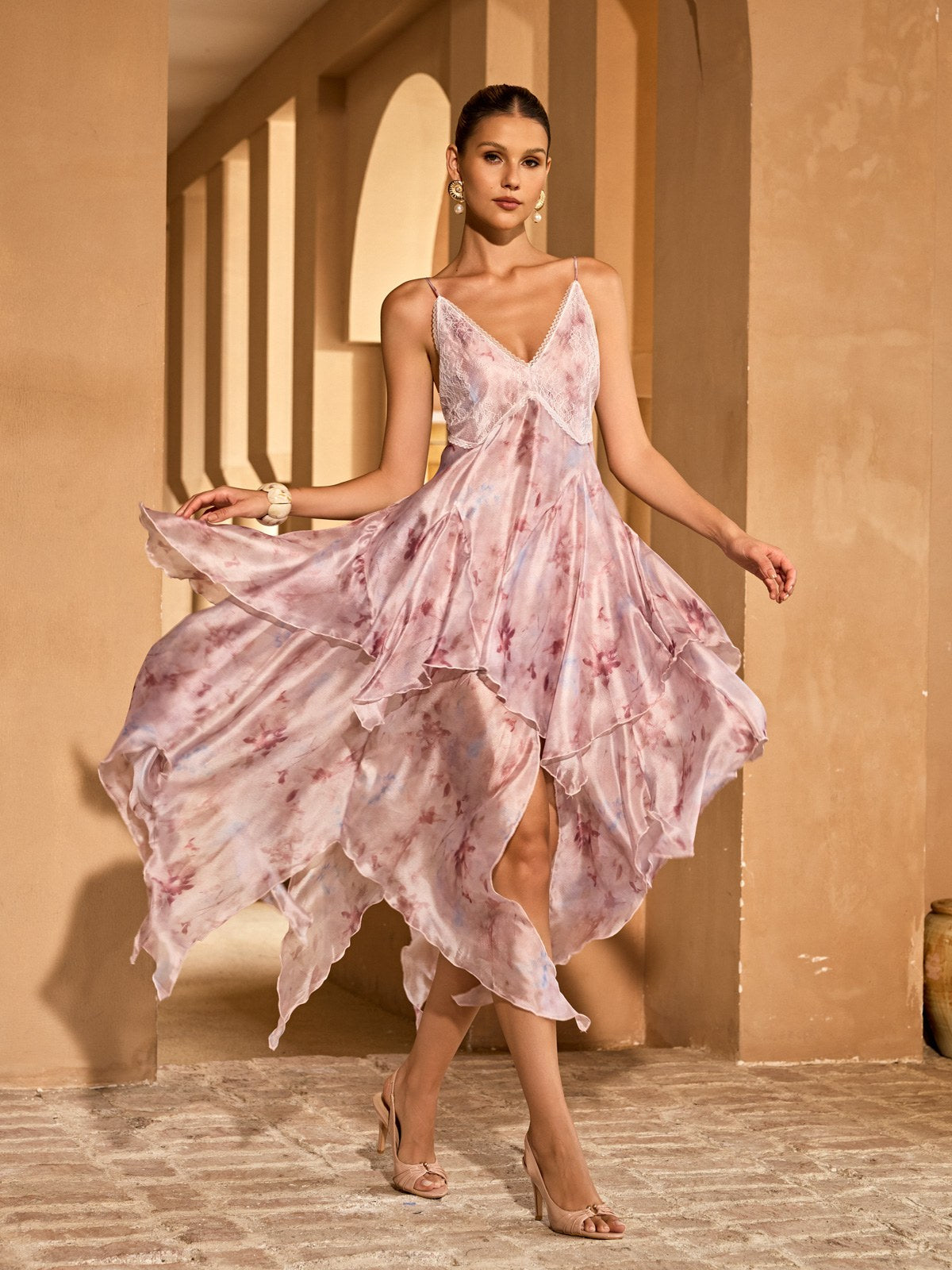 Raxon Open Back Floral Ruffle Midi Dress