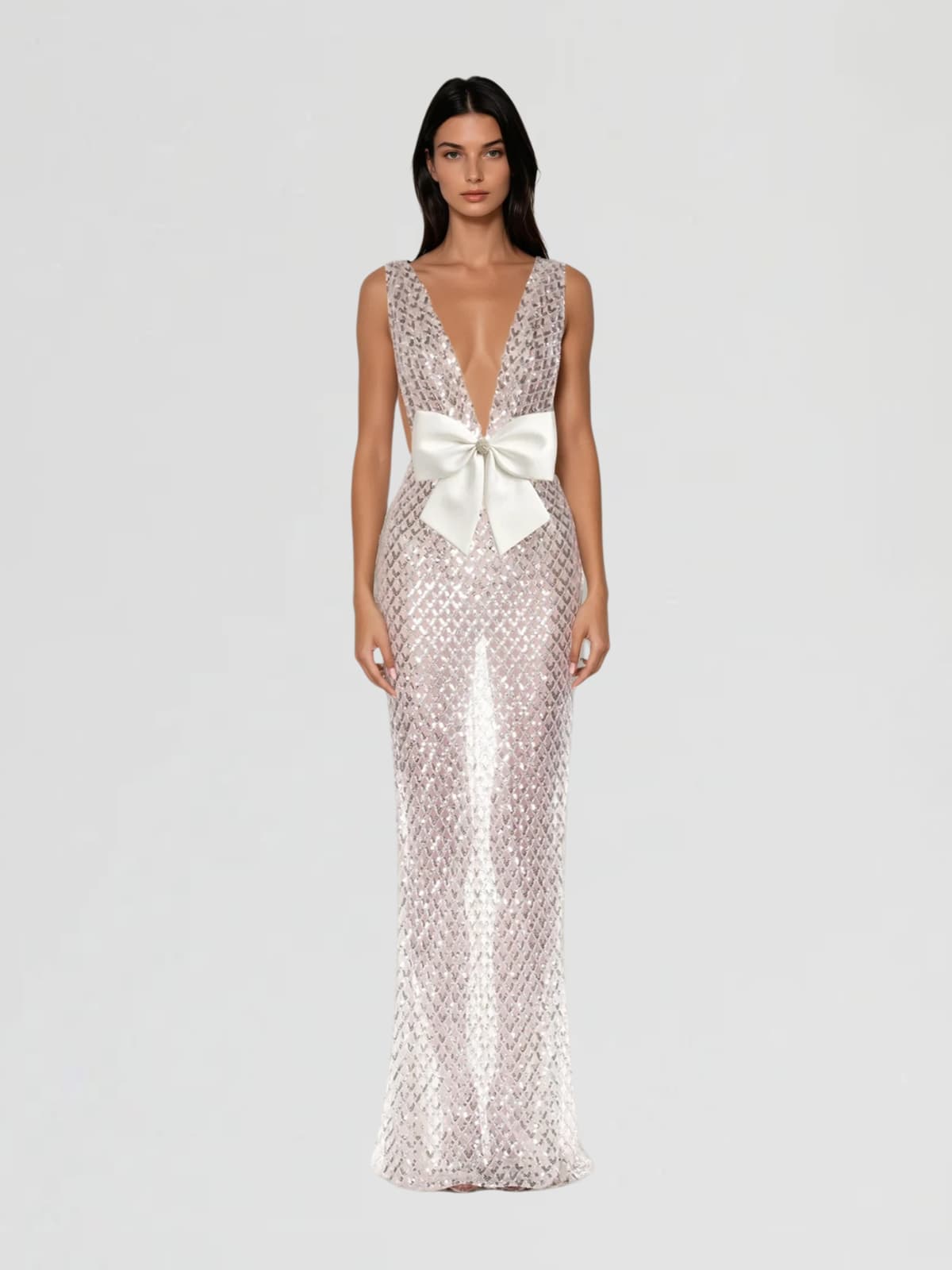 Raziya V Neck Bow Sequin Maxi Dress In White