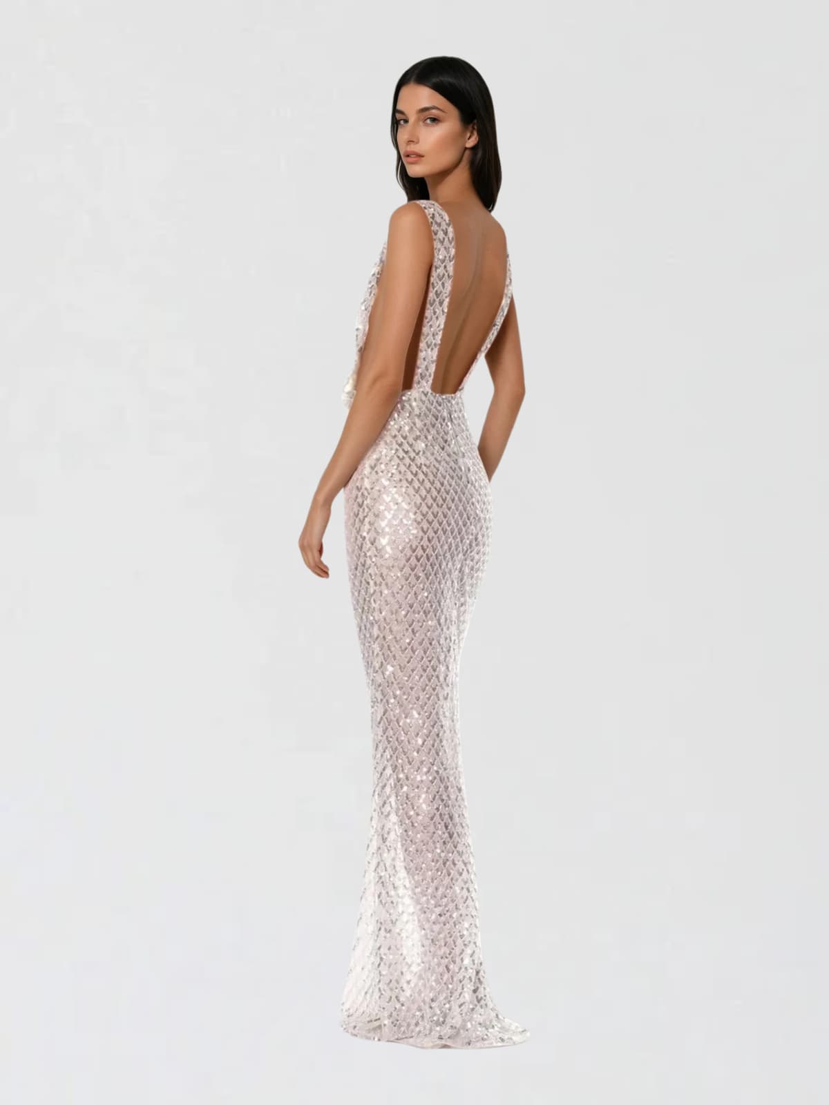 Raziya V Neck Bow Sequin Maxi Dress In White