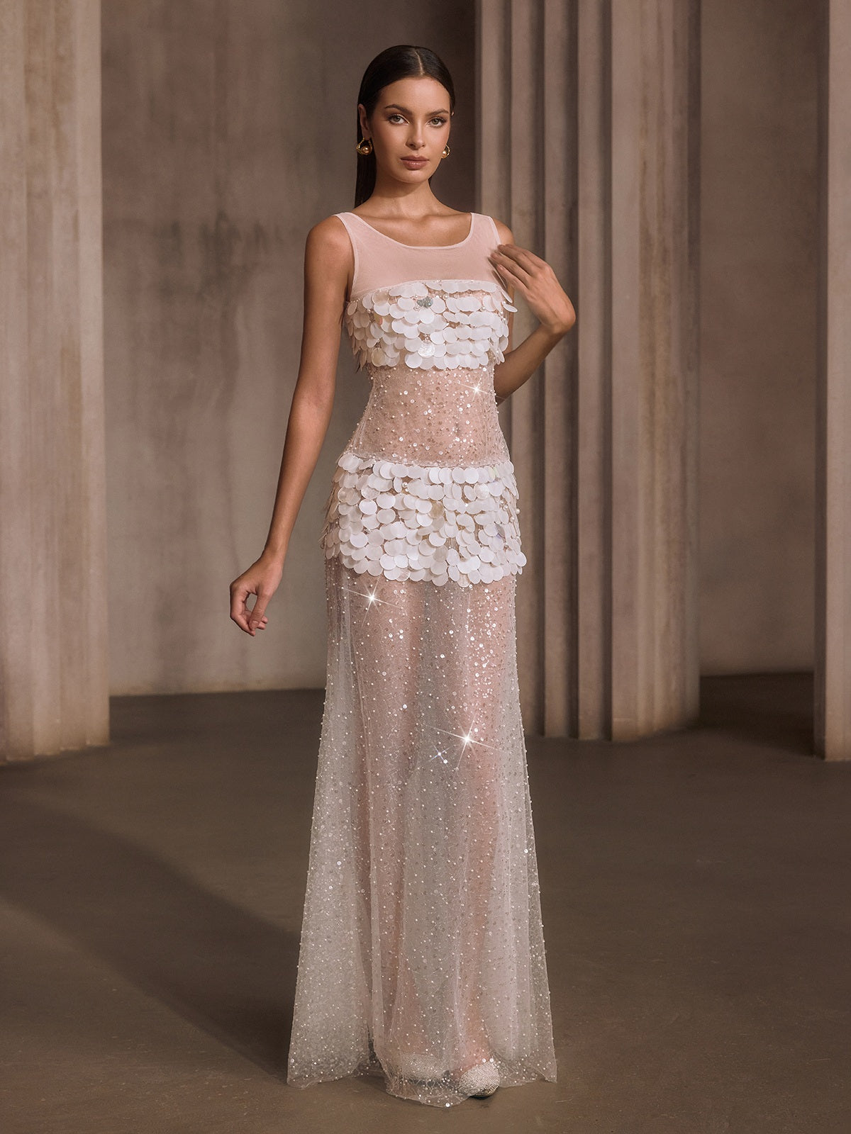 Relyxyn Pearl Sequin Mesh Maxi Dress