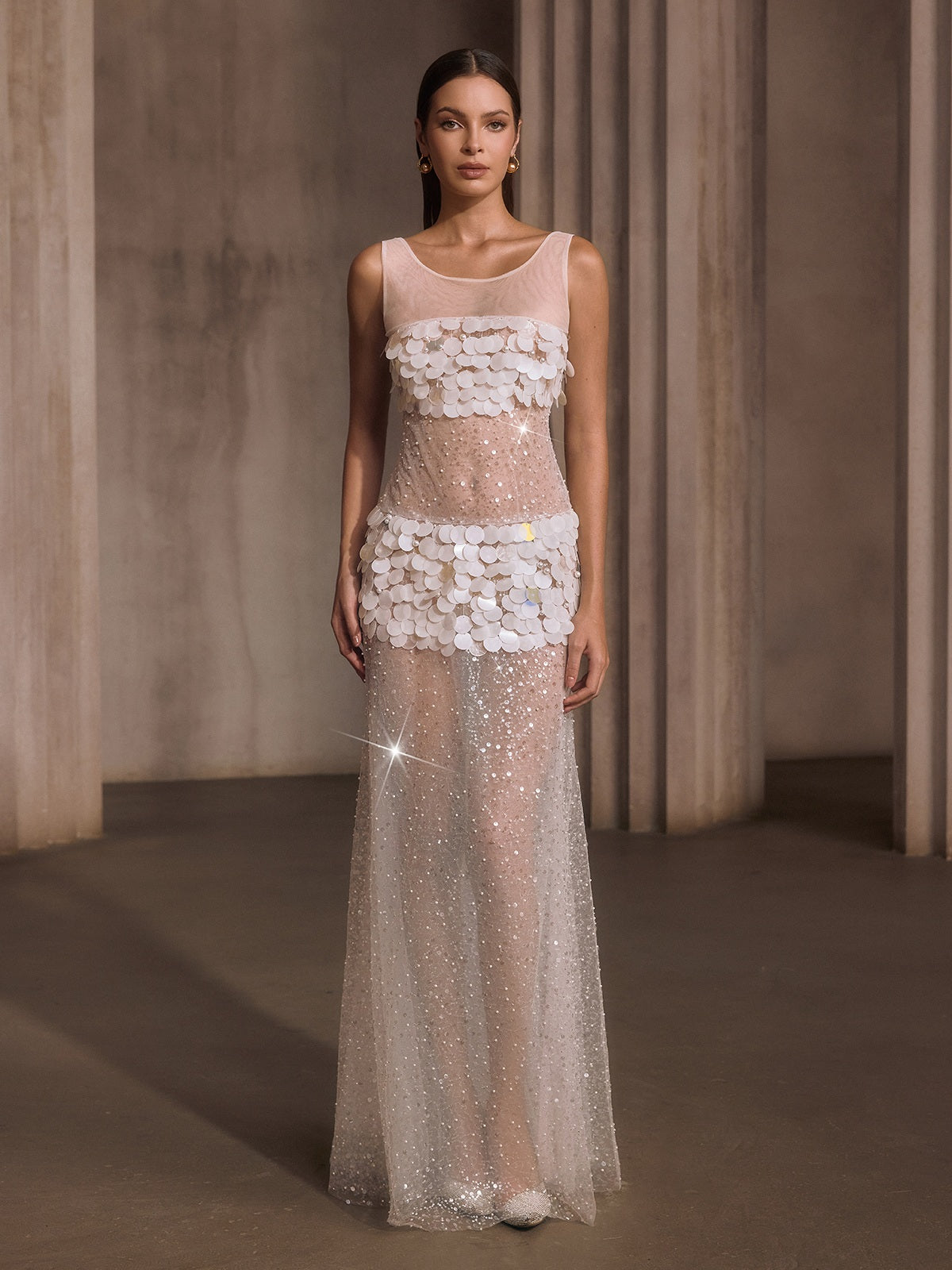 Relyxyn Pearl Sequin Mesh Maxi Dress