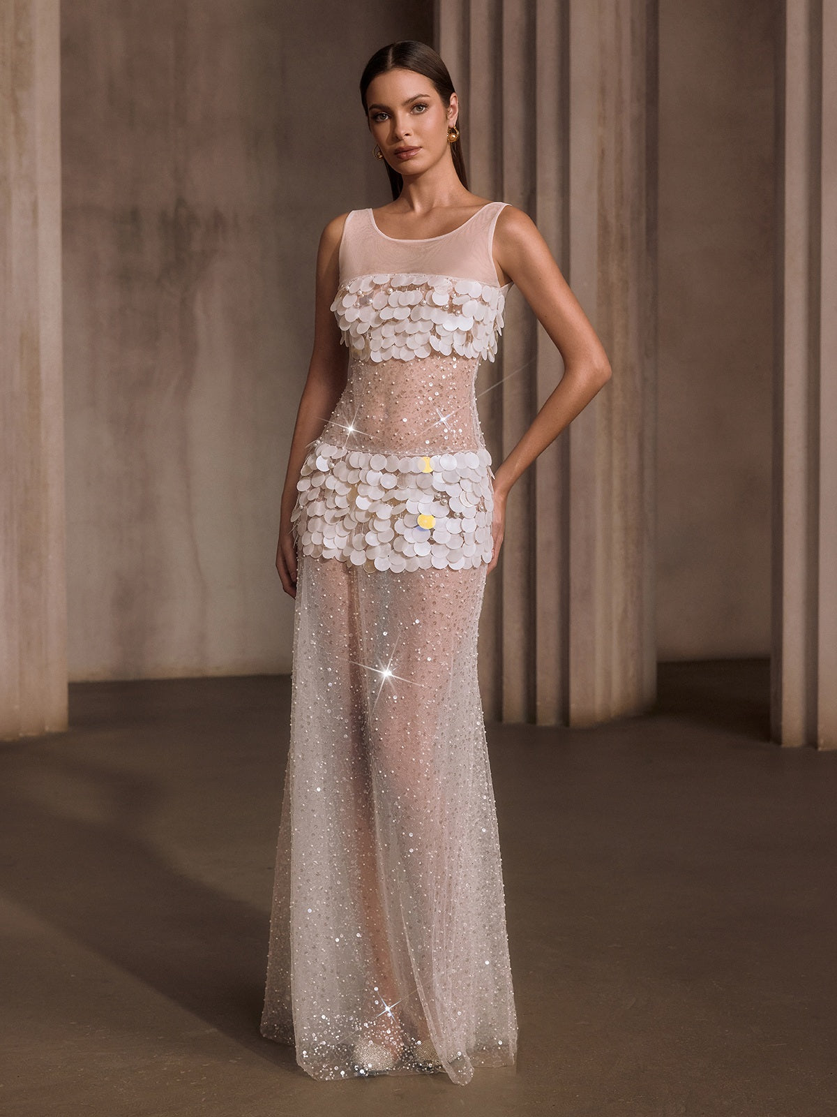 Relyxyn Pearl Sequin Mesh Maxi Dress