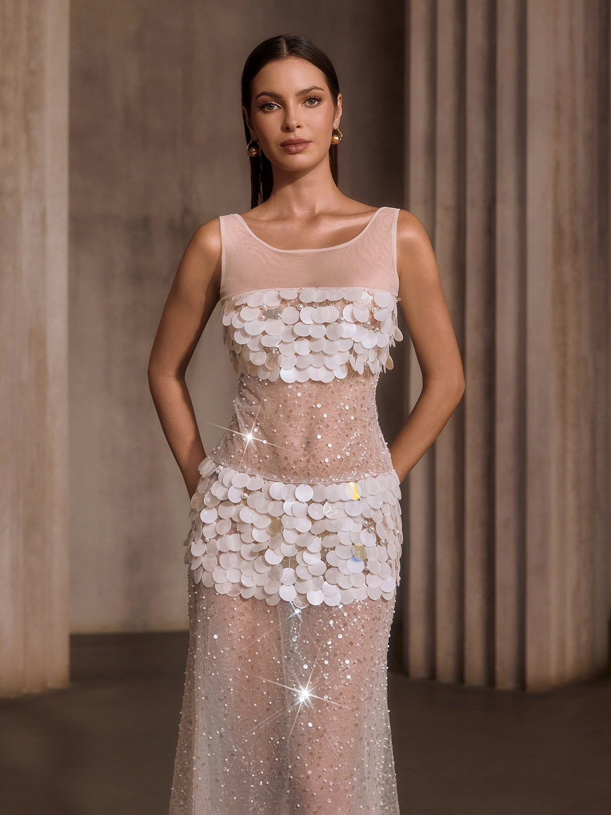 Relyxyn Pearl Sequin Mesh Maxi Dress