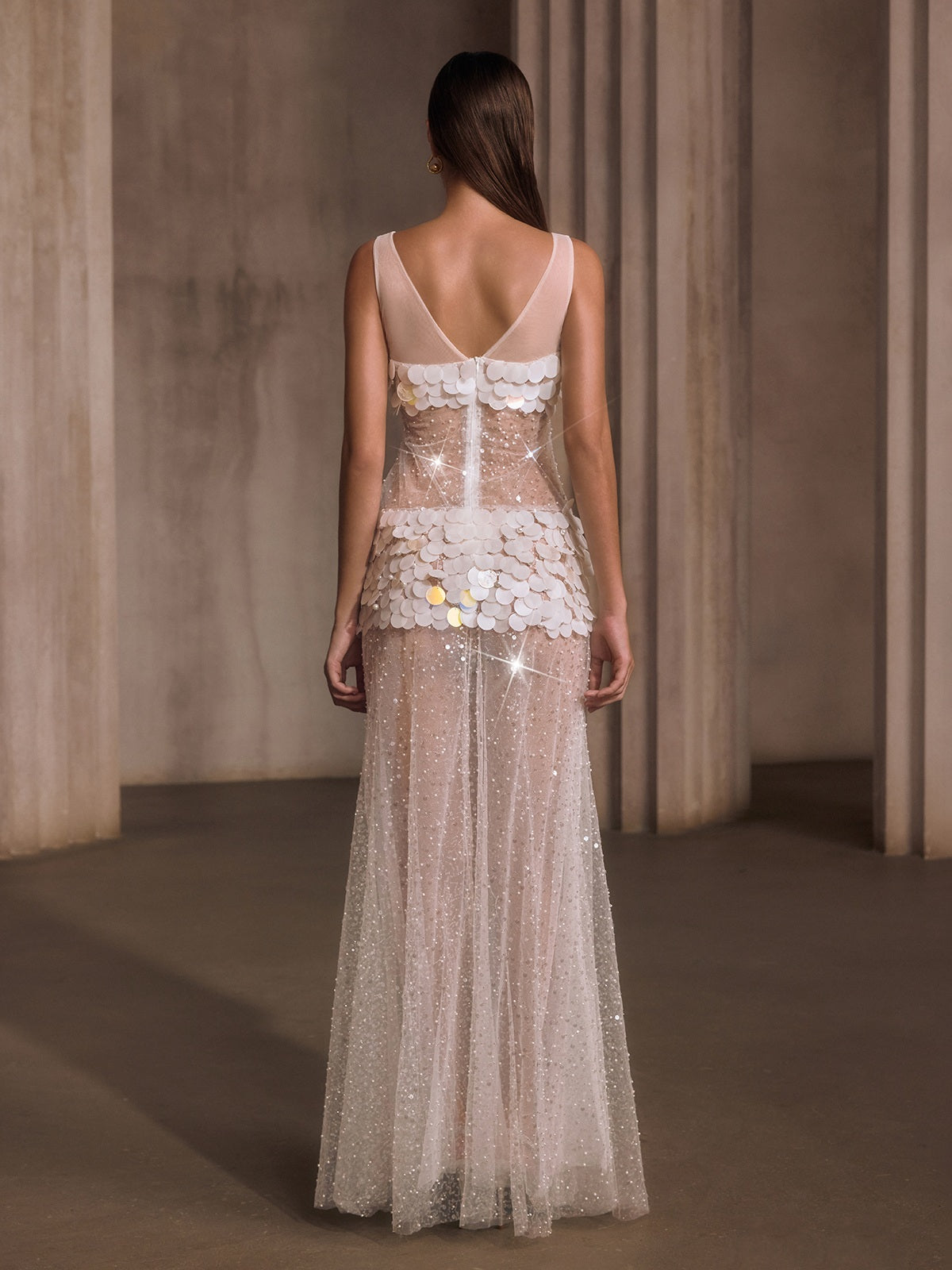 Relyxyn Pearl Sequin Mesh Maxi Dress