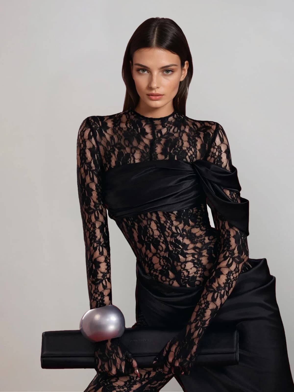 Rendris Long Sleeve Lace Maxi Dress In Black