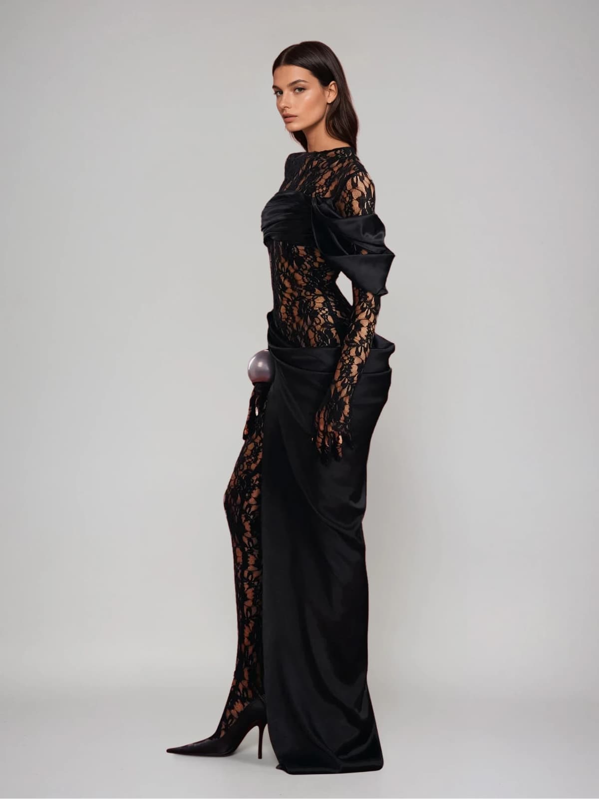Rendris Long Sleeve Lace Maxi Dress In Black