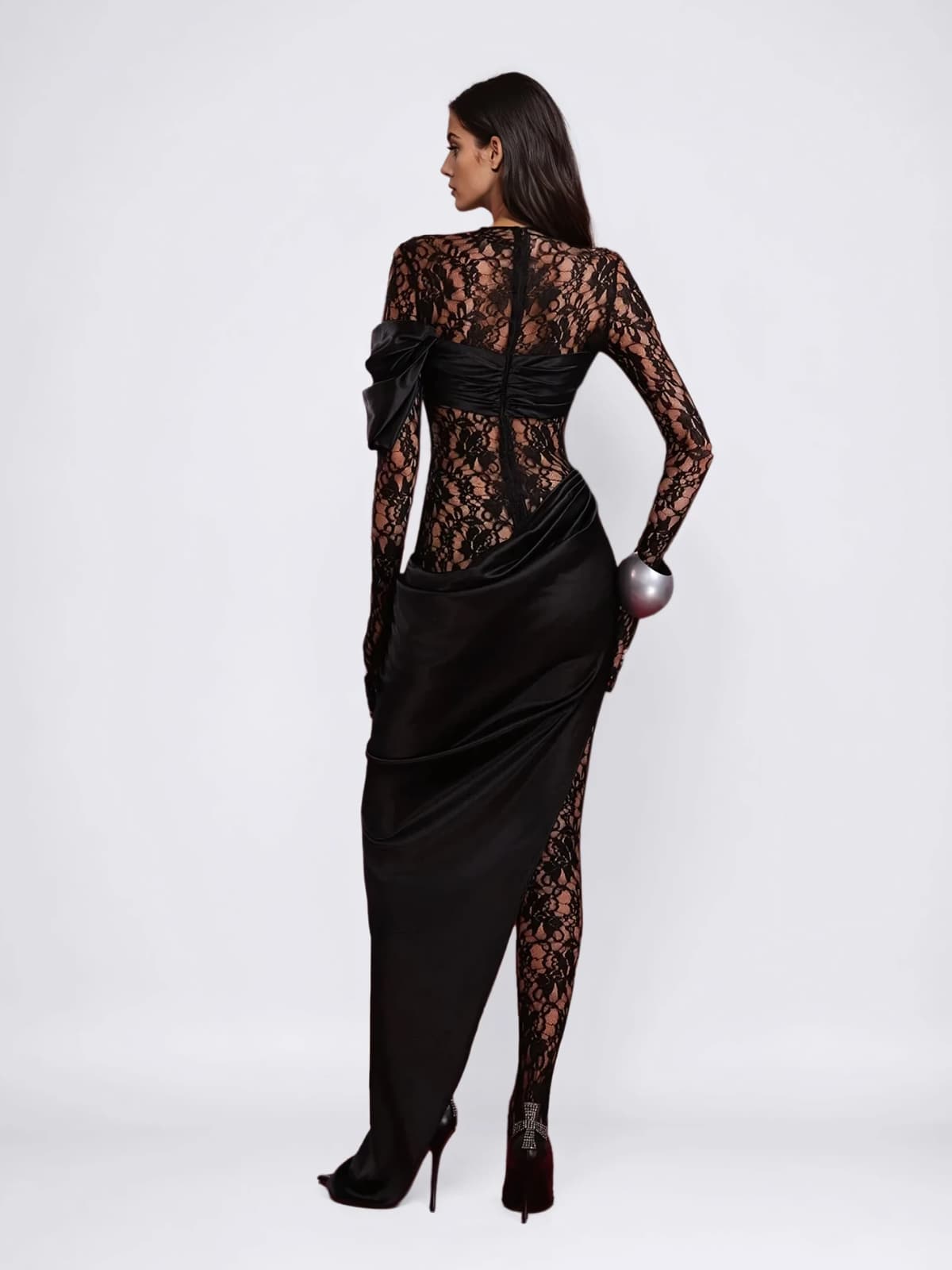 Rendris Long Sleeve Lace Maxi Dress In Black