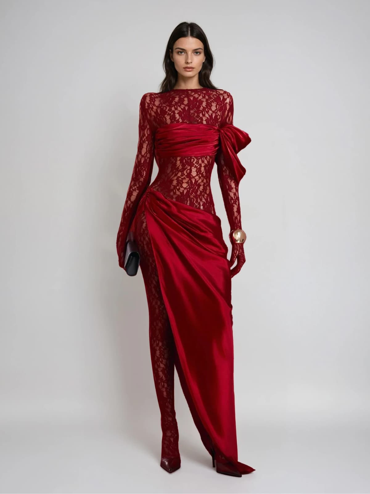 Rendris Long Sleeve Lace Maxi Dress In Wine