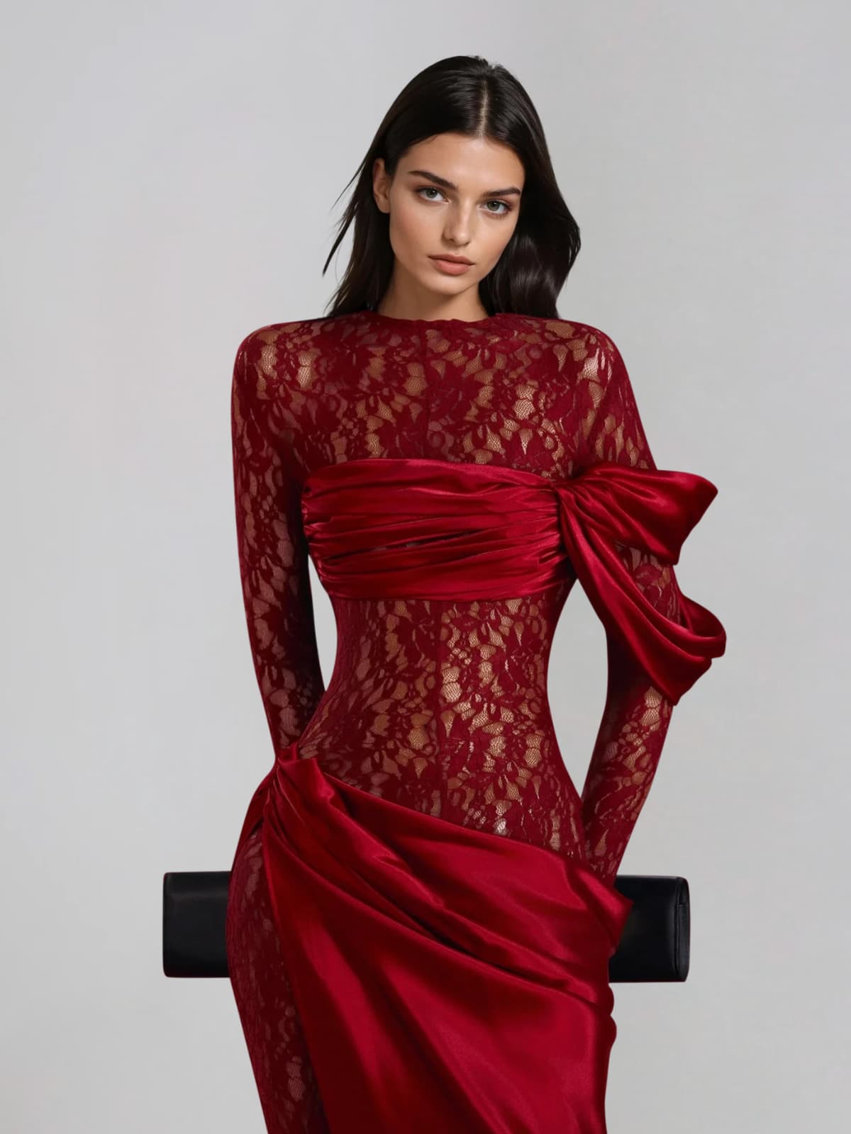 Rendris Long Sleeve Lace Maxi Dress In Wine