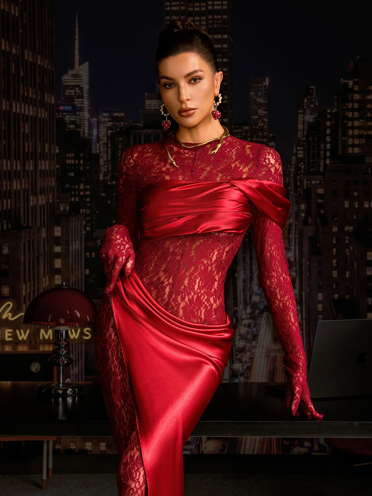Rendris Long Sleeve Lace Maxi Dress In Wine