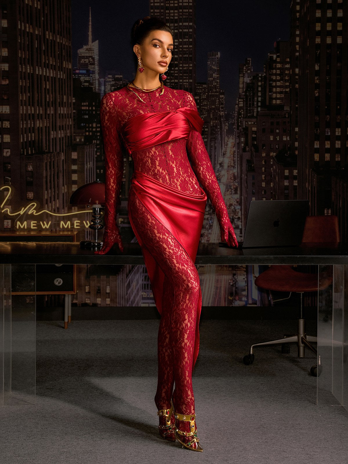 Rendris Long Sleeve Lace Maxi Dress In Wine