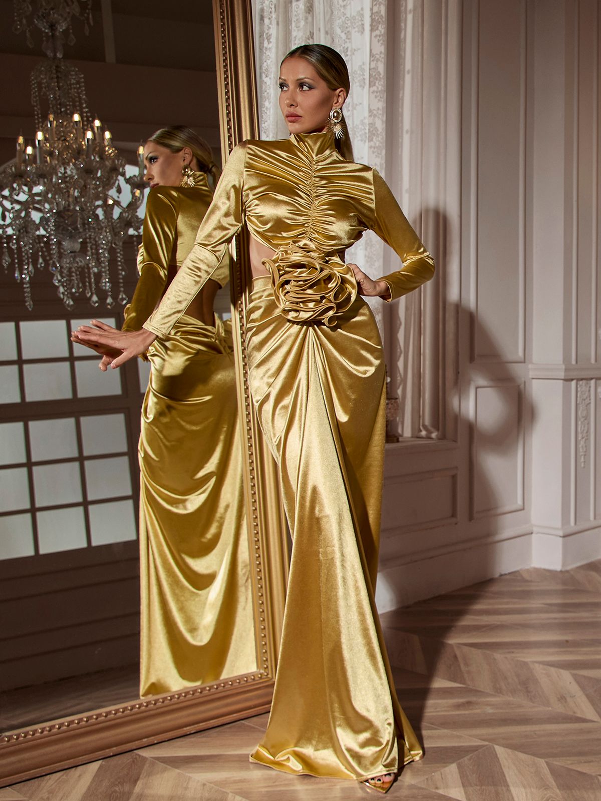 Renwick Long Sleeve Flower Cutout Maxi Dress In Gold