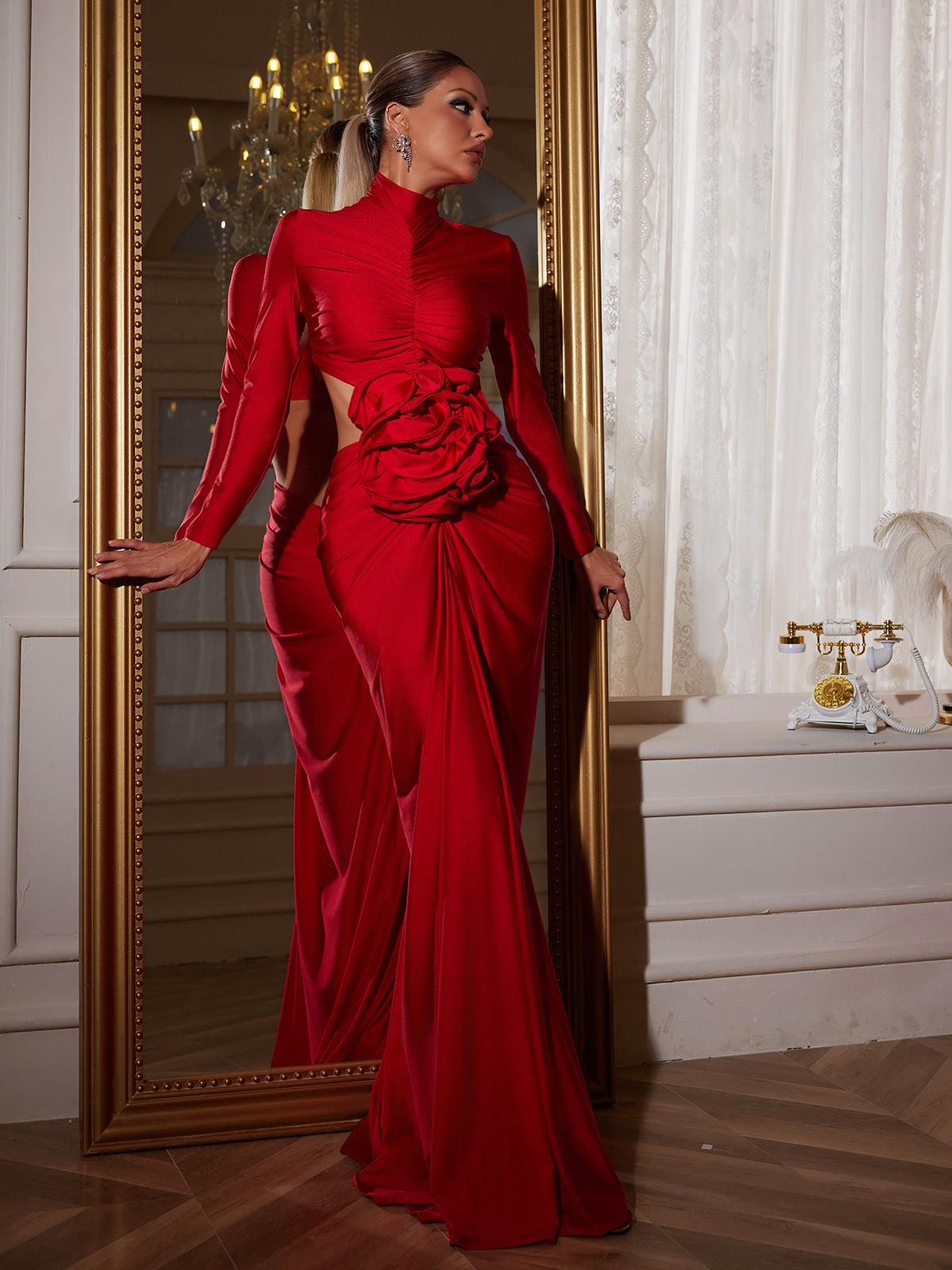 Renwick Long Sleeve Flower Cutout Maxi Dress In Red