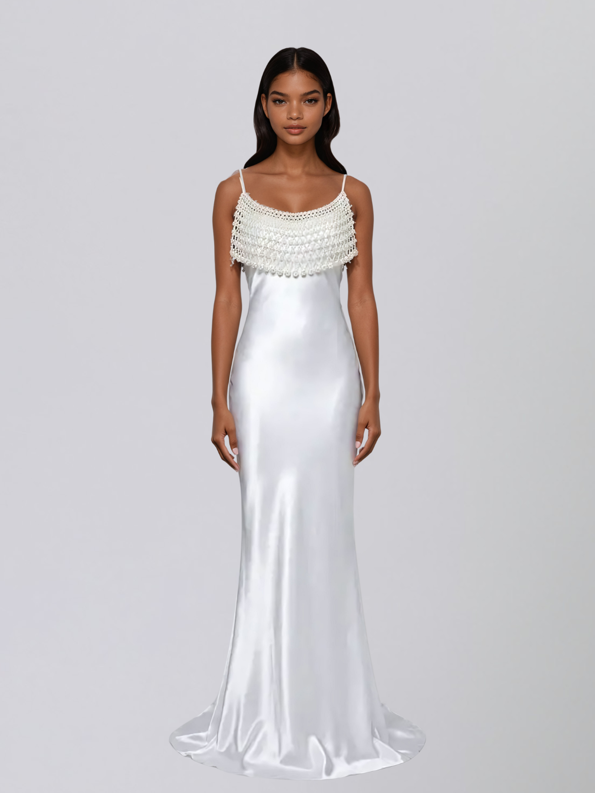 Revionx Spaghetti Pearl Satin Maxi Dress