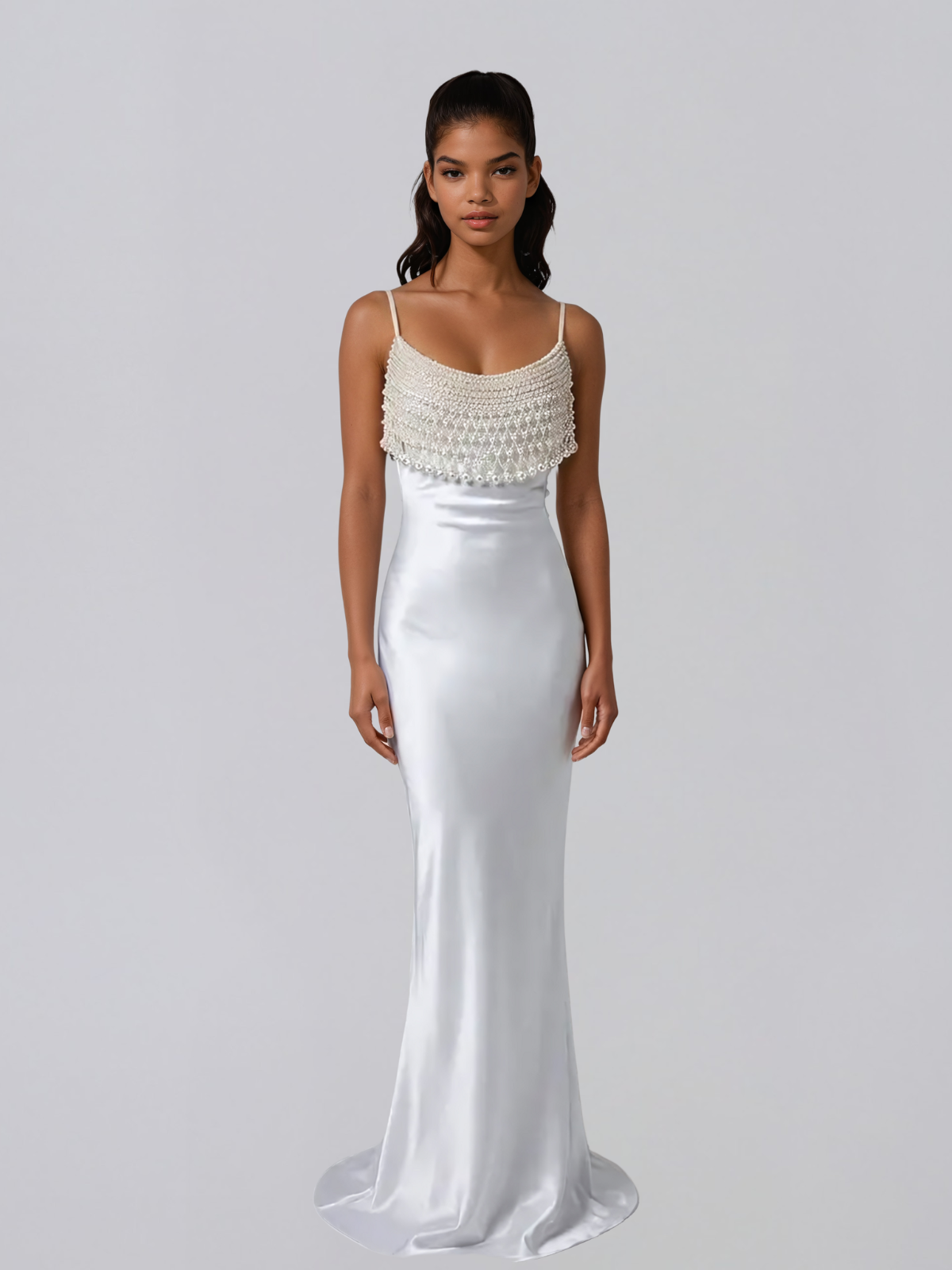 Revionx Spaghetti Pearl Satin Maxi Dress