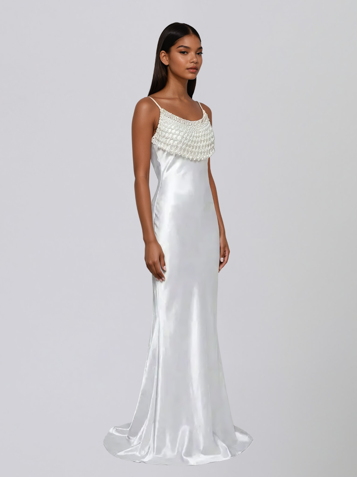 Revionx Spaghetti Pearl Satin Maxi Dress