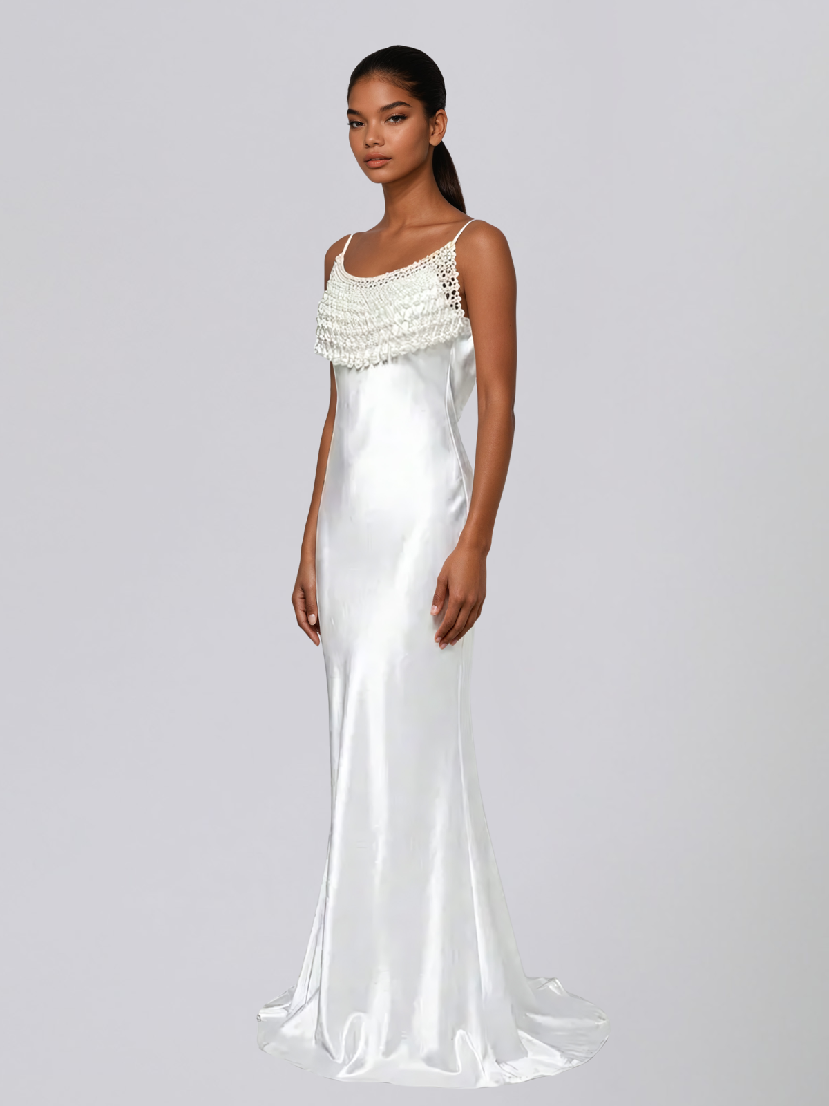 Revionx Spaghetti Pearl Satin Maxi Dress