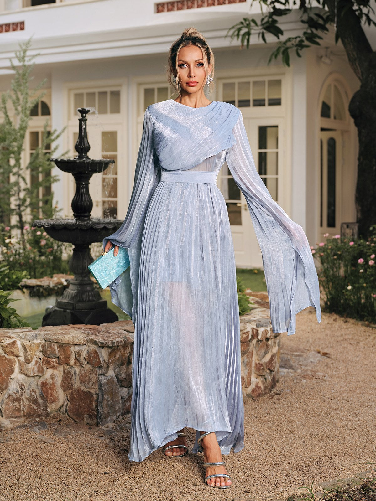 Rhory Long Sleeve Pleated Dress In Blue
