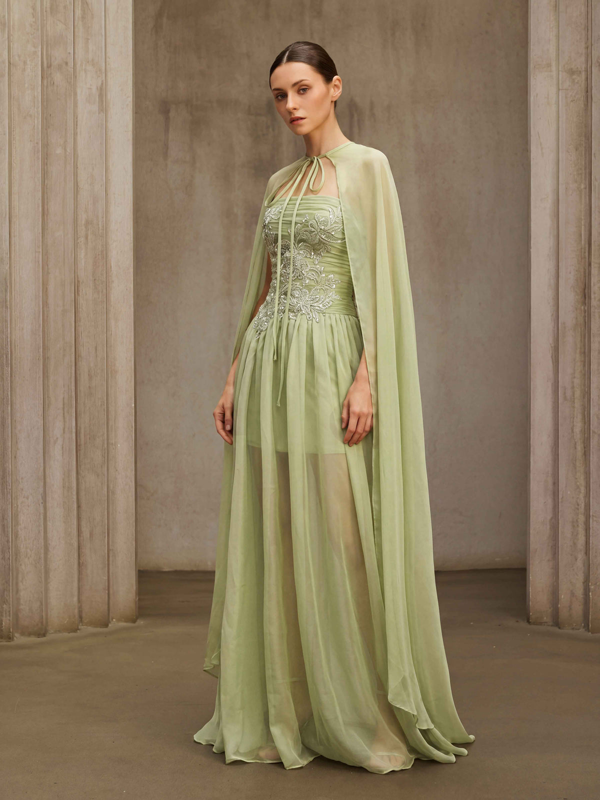 Rhyvaron Cape Strapless Flower Mesh Maxi Dress