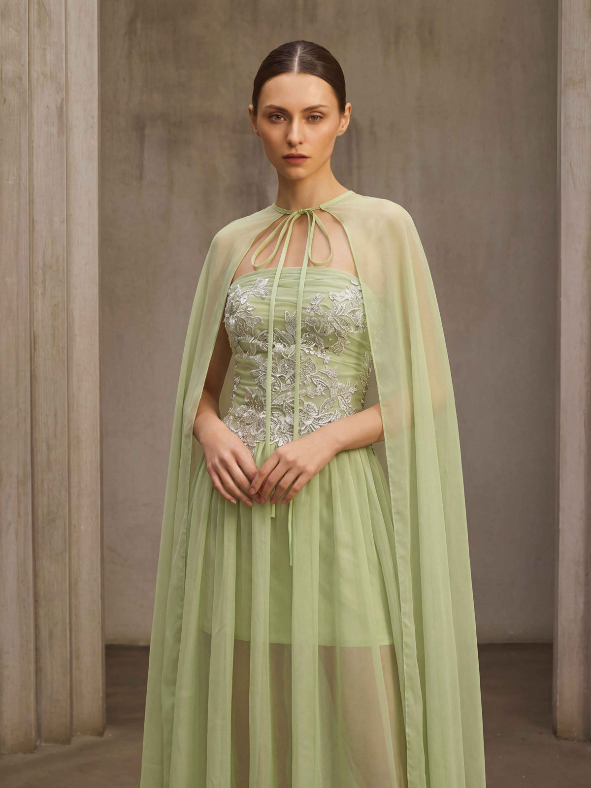 Rhyvaron Cape Strapless Flower Mesh Maxi Dress