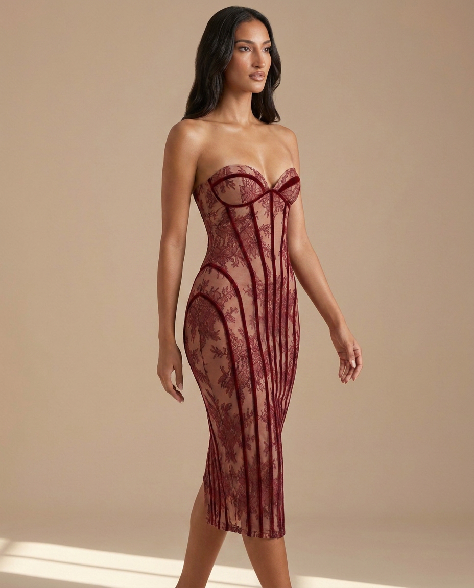 Rosalina Strapless Corset Lace Maxi Dress In Burgundy