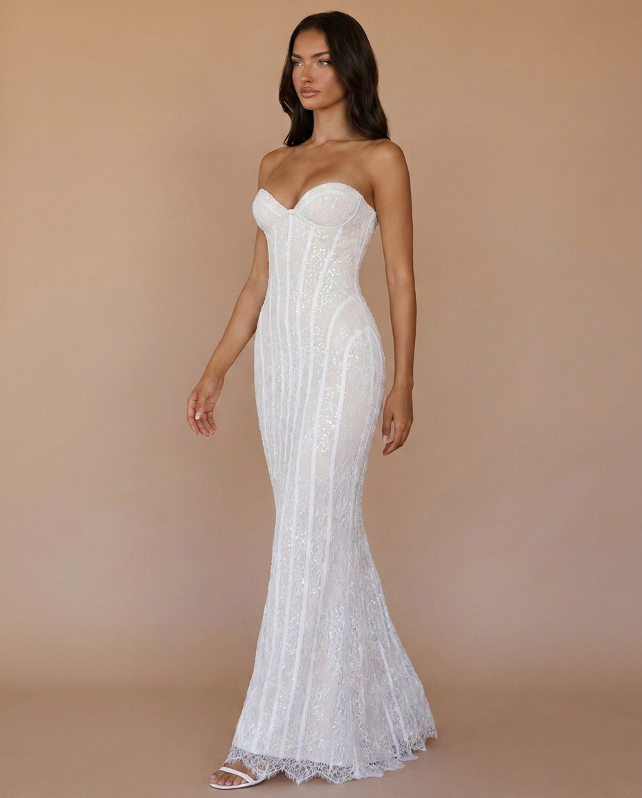 Rosalina Strapless Corset Lace Maxi Dress In White