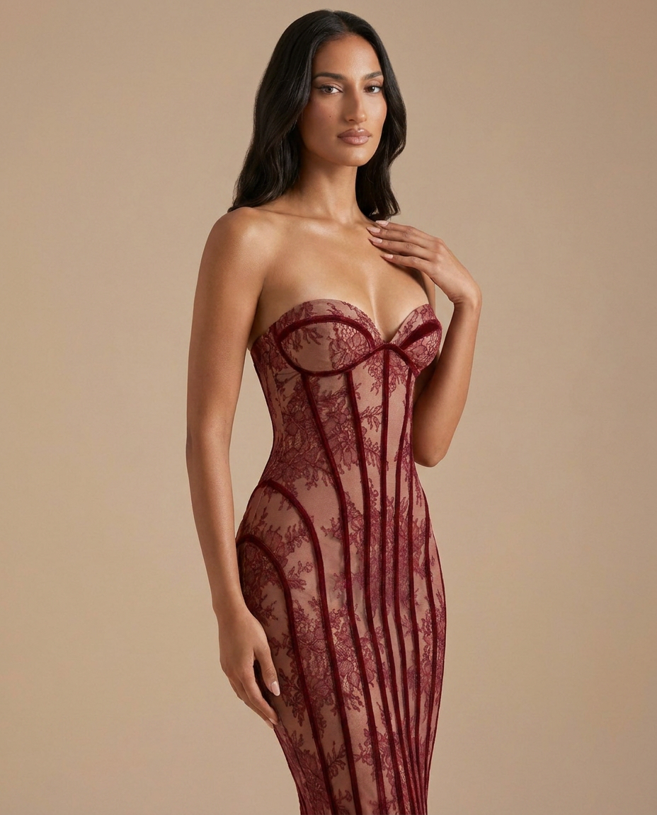 Rosalina Strapless Corset Lace Maxi Dress In Burgundy