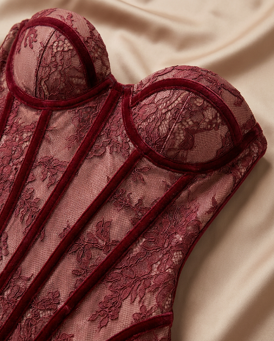 Rosalina Strapless Corset Lace Maxi Dress In Burgundy
