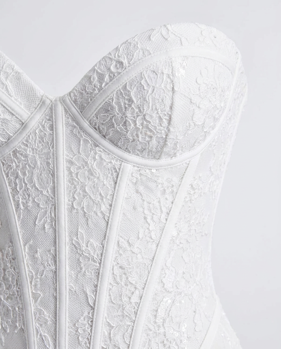 Rosalina Strapless Corset Lace Maxi Dress In White