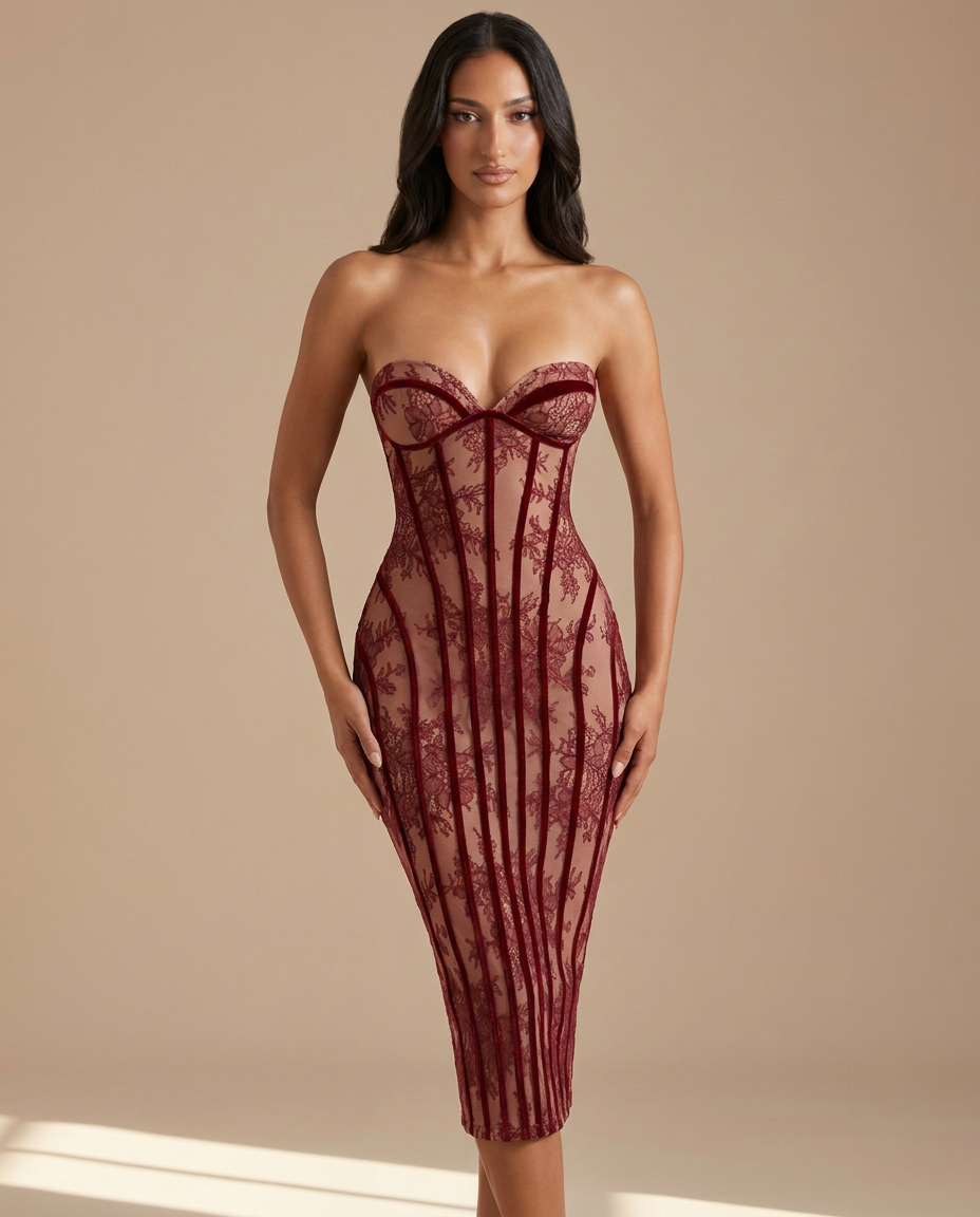 Rosalina Strapless Corset Lace Maxi Dress In Burgundy