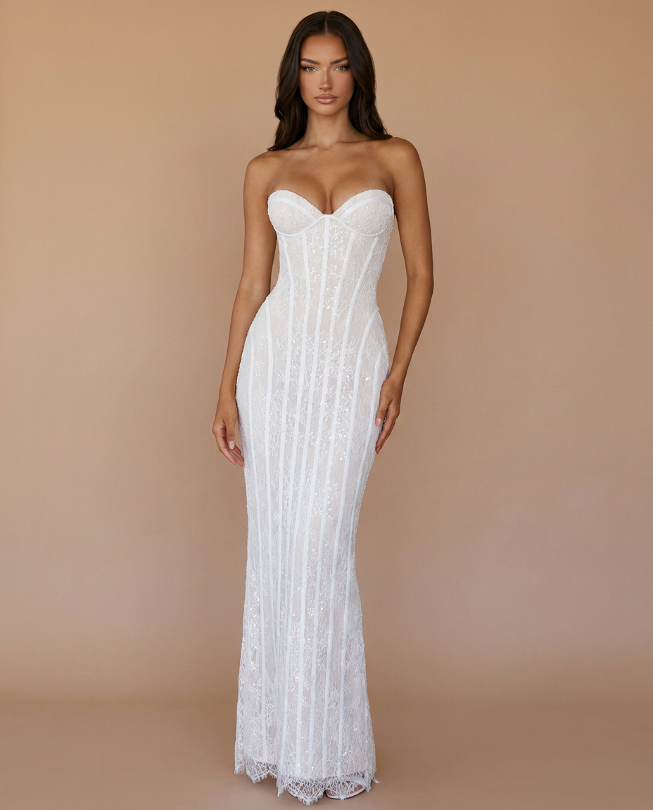 Rosalina Strapless Corset Lace Maxi Dress In White