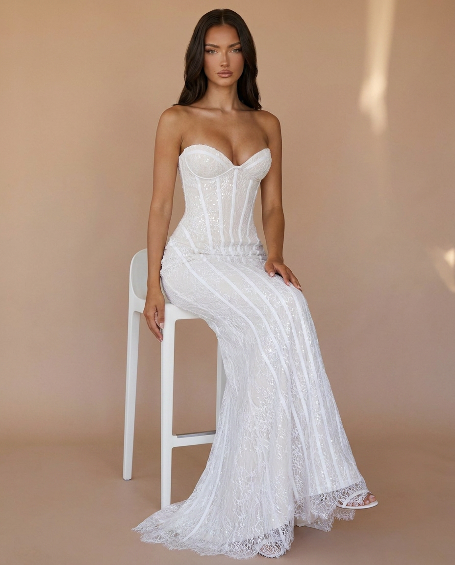 Rosalina Strapless Corset Lace Maxi Dress In White